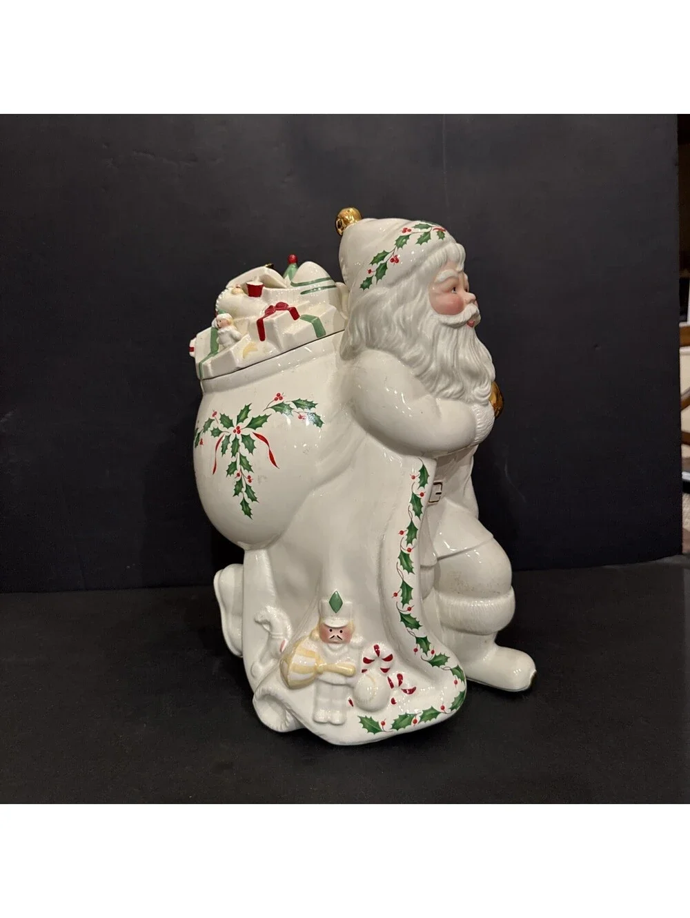 Lenox Holiday Santa Cookie Jar with Toy Sack 13” H Ivory Holly Christmas Décor